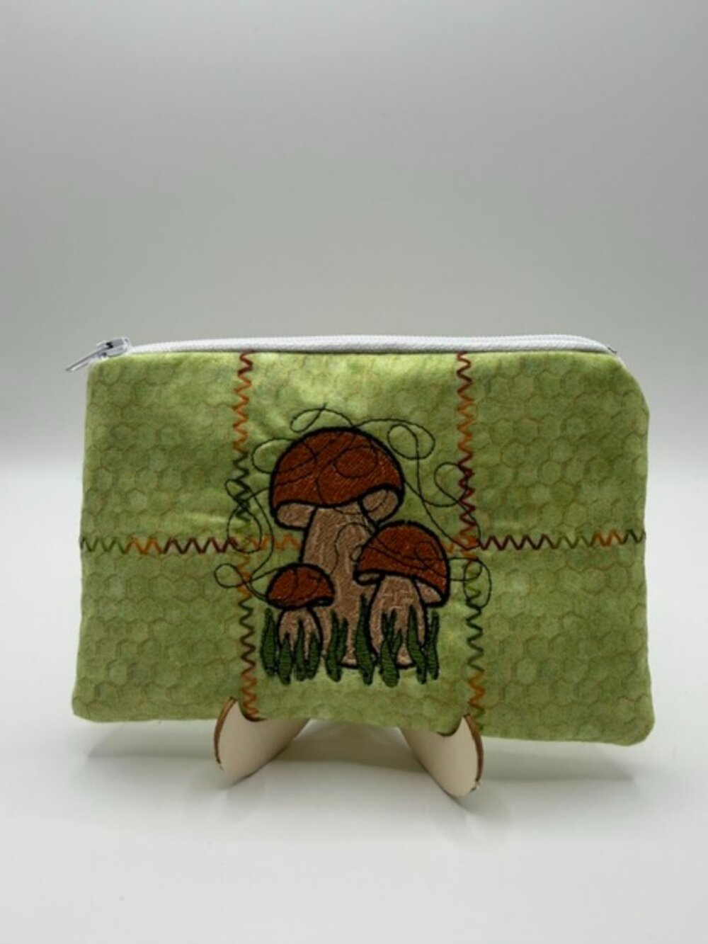Homemade Green Mushroom Embroidered Pouch